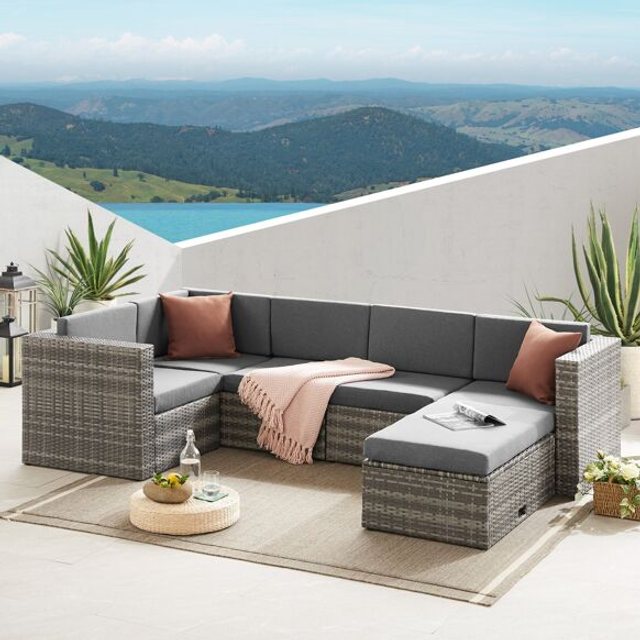 The Tatton Grey Rattan Garden Furniture 6 Seat Corner Sofa &amp; Coffee Table Patio Set