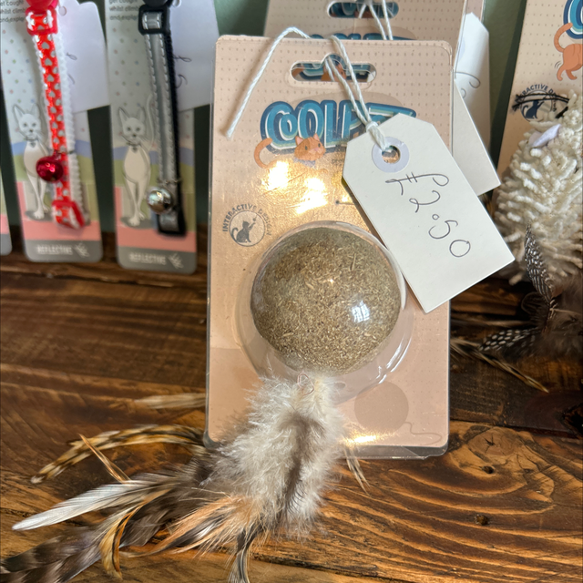Catnip ball and feathers 