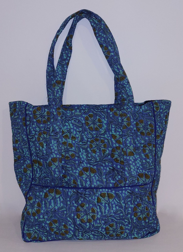 Sac cabas matelassé zippé – Tote bag coton doublé fait main, pour ville, courses, plage ou quotidien - Bleu et marron