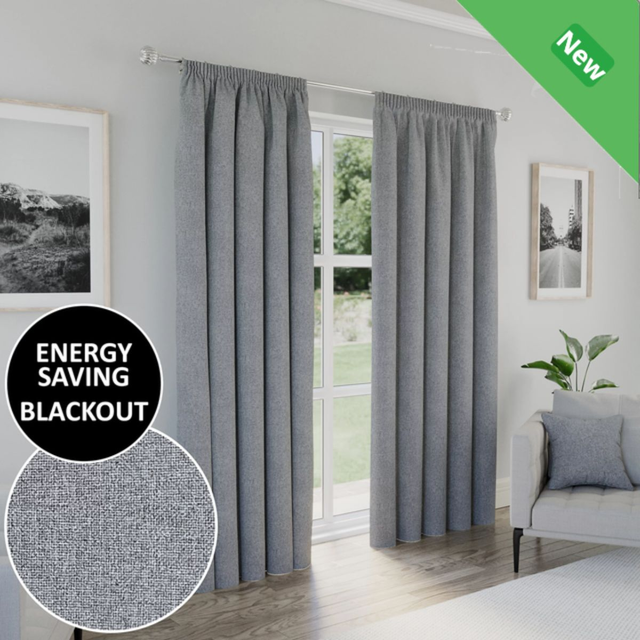 Enhanced Living Dallas Grey 100% Blackout Textured Linen Look Readymade Pencil Pleat Curtains