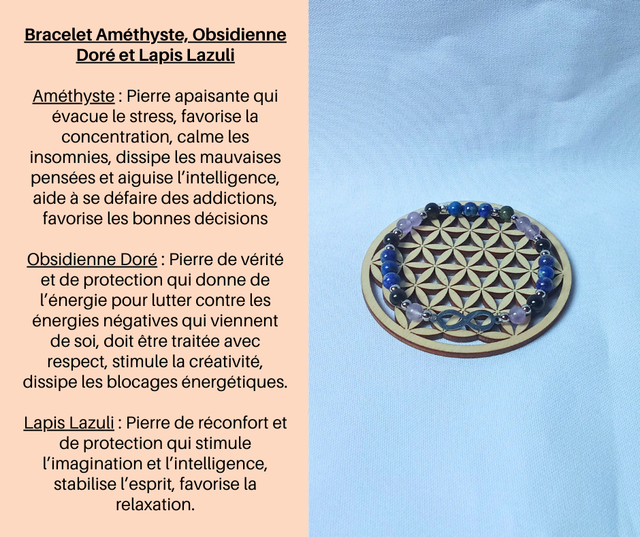 154- Bracelet Améthyste, Obsidienne Doré et Lapis Lazuli
