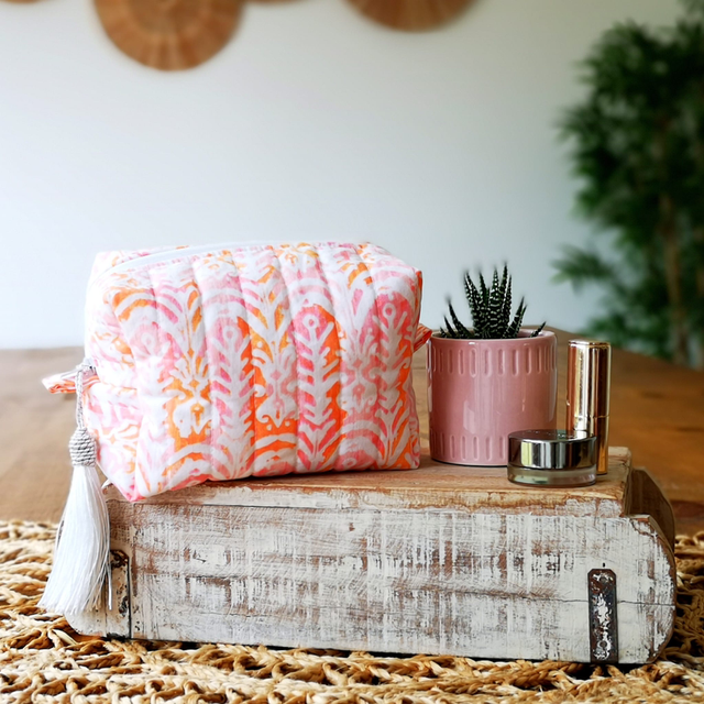 Cosmetic Bag Quilted - Pink & Orange Batik
