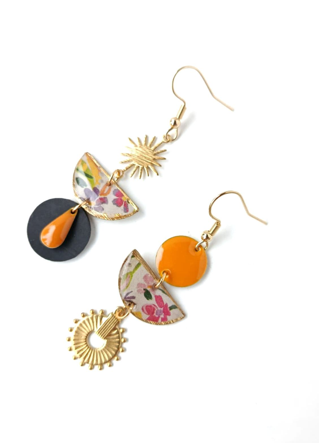 Boucles d'oreilles Asymétriques Upcyclées en Chambre à Air et Papier Recyclés - Estivales