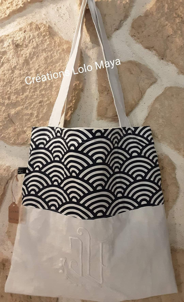 Tote-bag blanc style japonais Seigaiha bleu