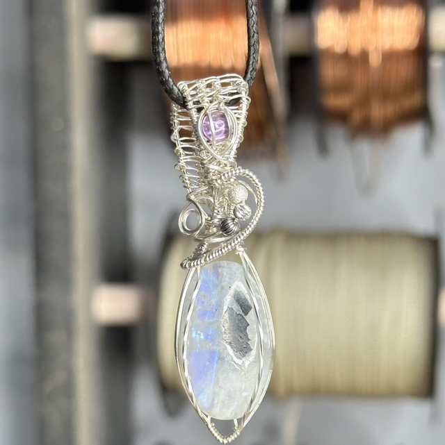 Rainbow Moonstone 925 silver wrapped pendant 