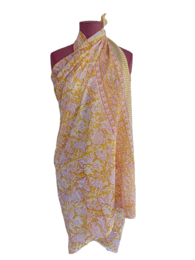 Paréo de plage en coton voile indien imprimé à la main – Motif de fruits et fleurs jaune et blanc – Étole & châle bohème 