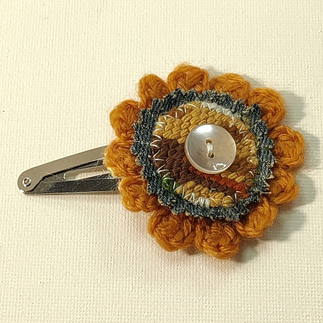 Barrette fleur crochet, jeans, canevas, bouton clic-clac