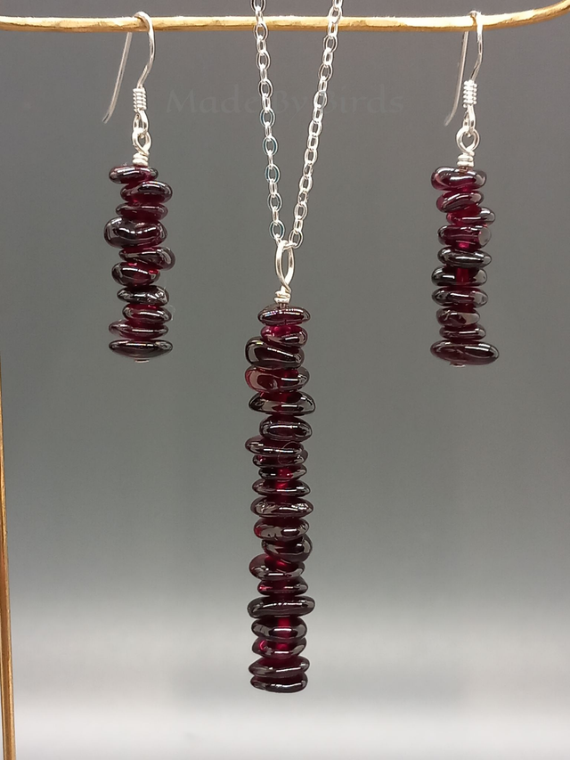 Garnet Chip Beads Sterling silver Necklace &amp; Earrings Set   