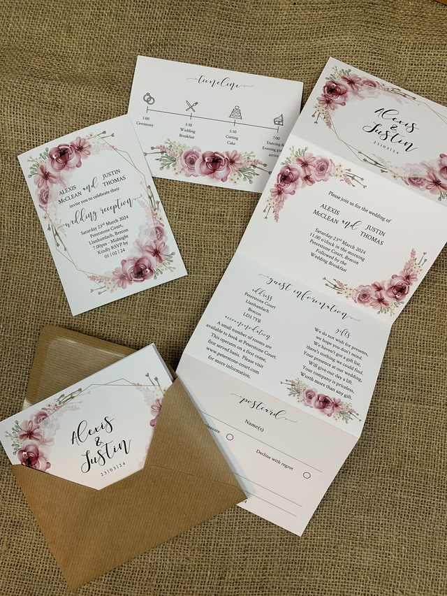 Dusky pink florals - concertina Wedding invitations - including guest information & RSVP
