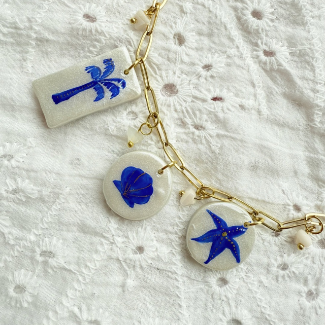 Blue Seaside Charm Necklace - 16” 18K Gold Plated