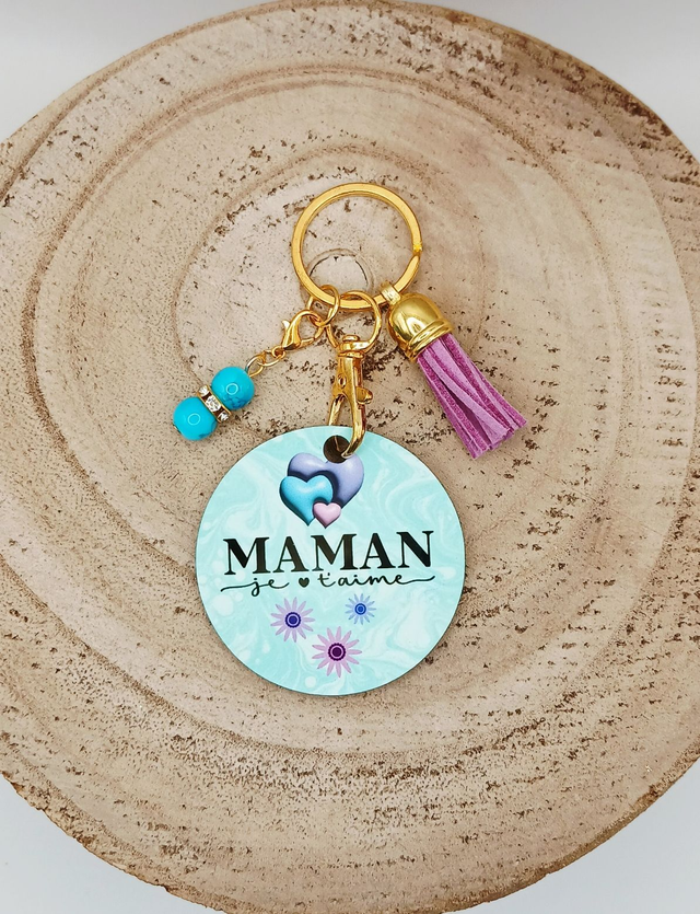 Porte-clé en MDF (bois) sublimé &quot;Maman je t&#039;aime&quot; avec 2 breloques.  