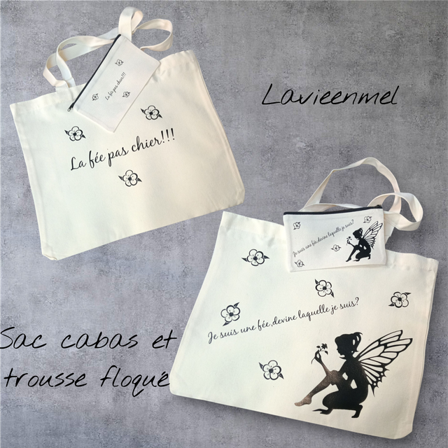 Sac cabas avec trousse floqué (La fée pas chier) resto verso