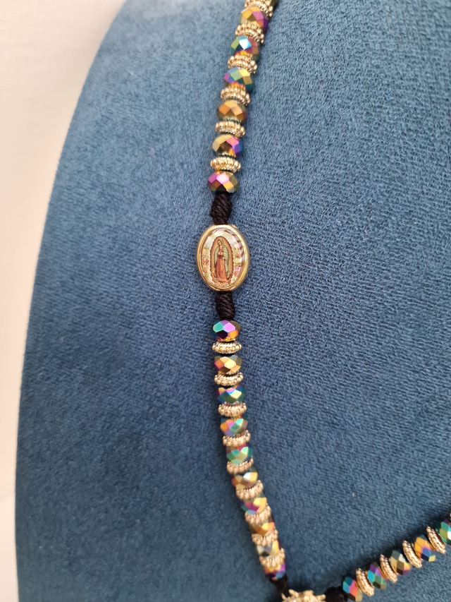 Collier Chapelet Perles Cristal Noires Multicolore Croix Vierge Strass Acier Doré