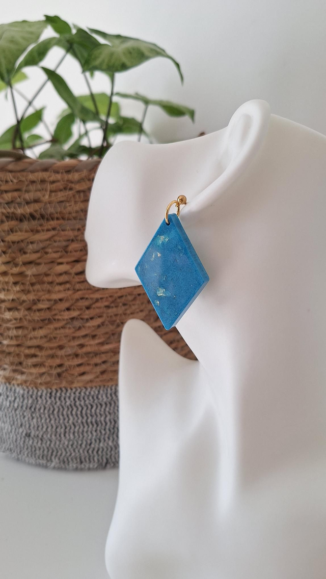 Boucles oreilles losange feuille d&#039;or/bleu