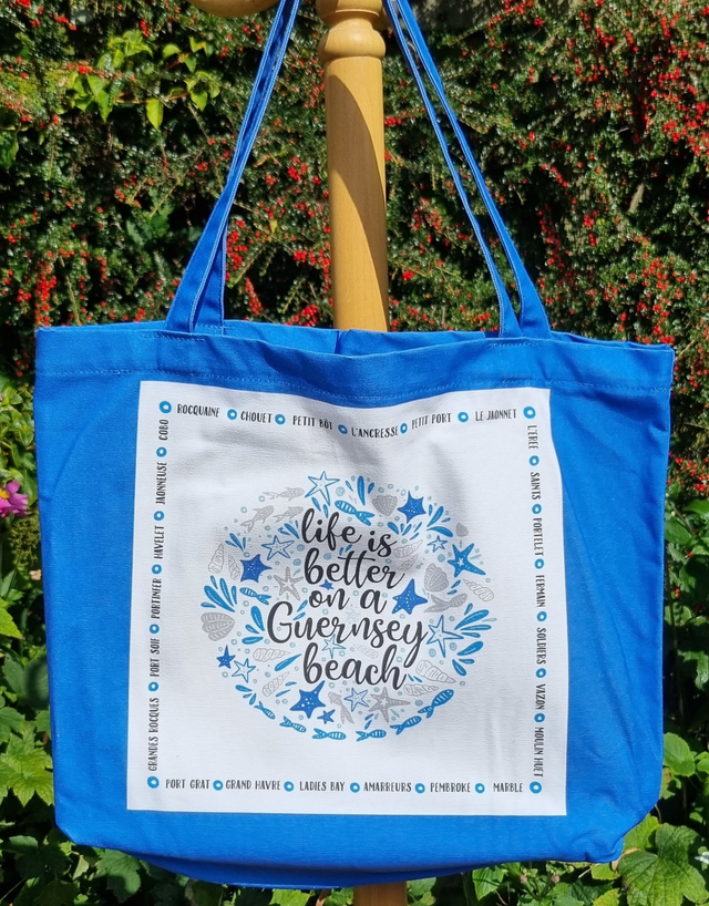 X009 BAG - LIFE IS BETTER BLUE GUSSETED SHOPPER BAG 100% COTTON