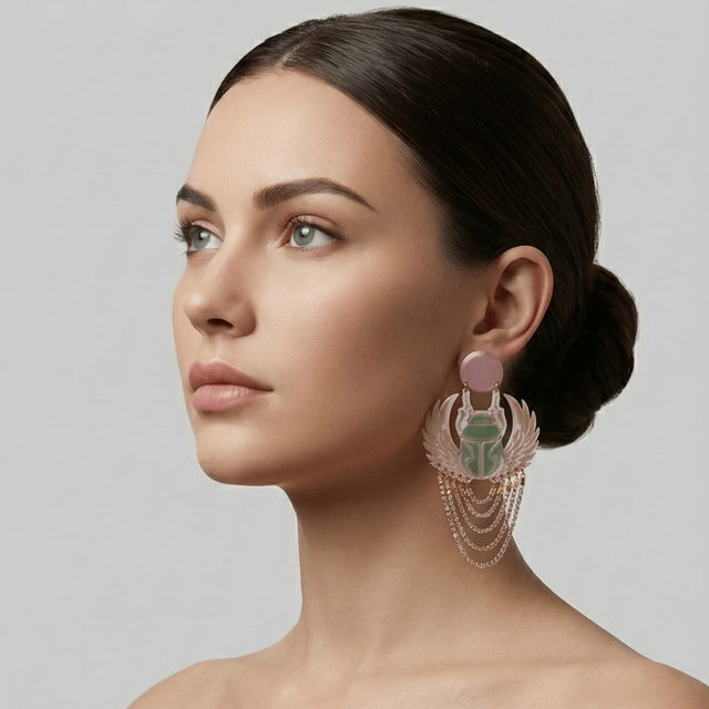 Pendientes Escarabajo Egipcio Rosa y Verde | Diseño 3D con Cadenas Doradas | Estilo Místico y Brillante