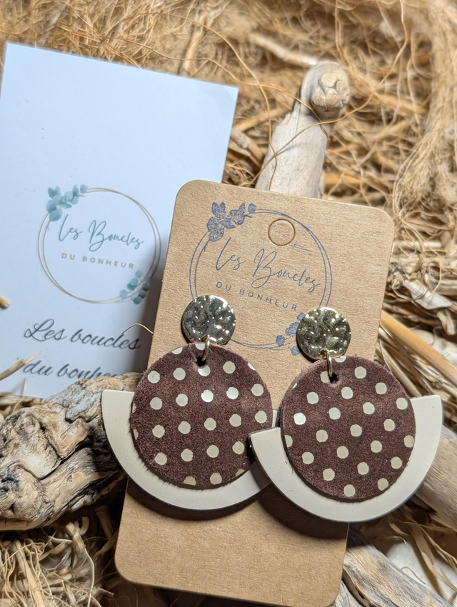 Boucles d'oreilles Dona beige marron glacé à pois do130