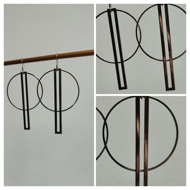 Boucles d'oreilles géométriques noir et argenté acier inoxydable argent sans nickel, pièce unique 