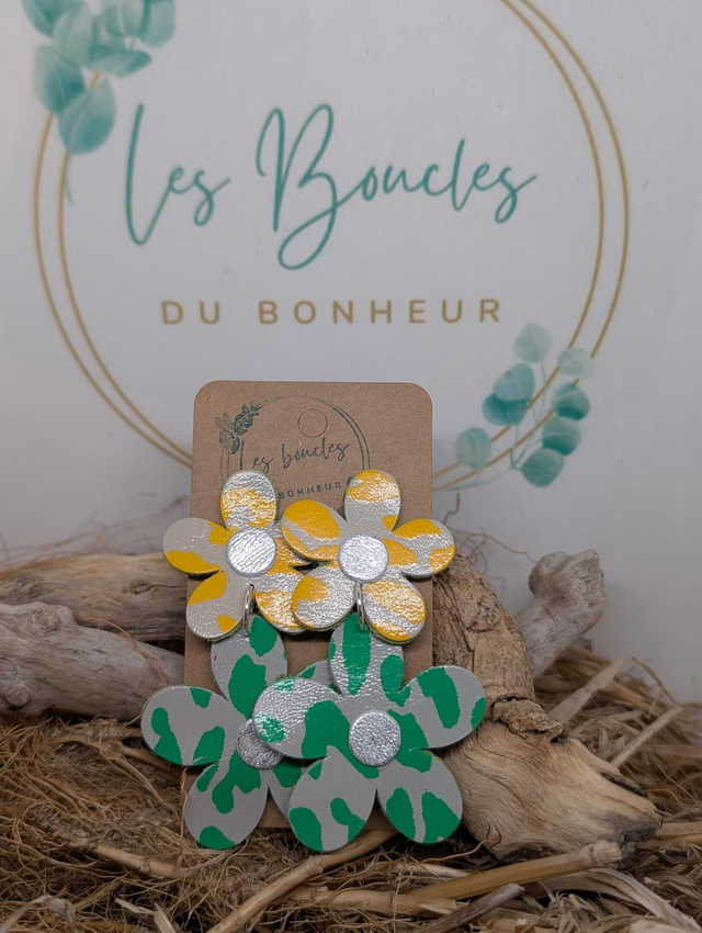 Boucles d&#039;oreilles Marguerite vert jaune léopard m1039