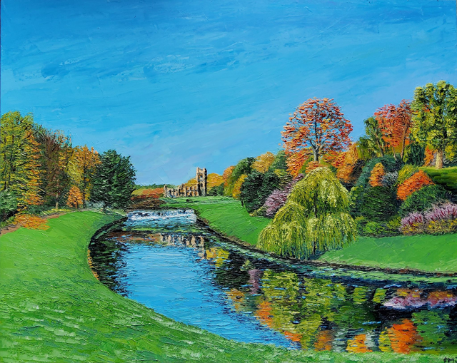 Fountains Abbey- autumal- original oil painting on 50 x 40 cm wooden canvas. 