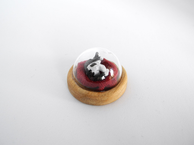 Kitten sleeping in a glass globe – miniature pendant for pet lovers)