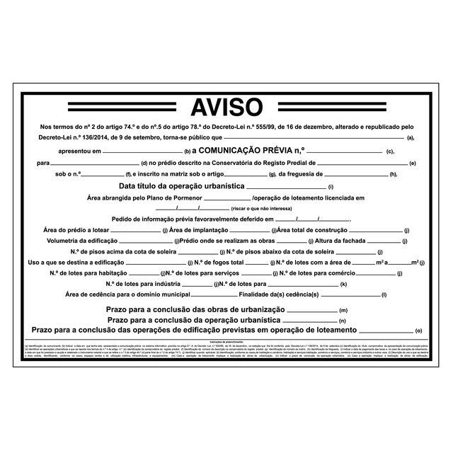 Placa Comunicação Prévia Licenciamento de Obra Loteamento