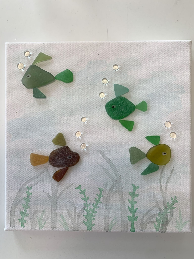 Beach Found Sea Glass Fishes Picture on Canvas approx. 20cm x 20cm