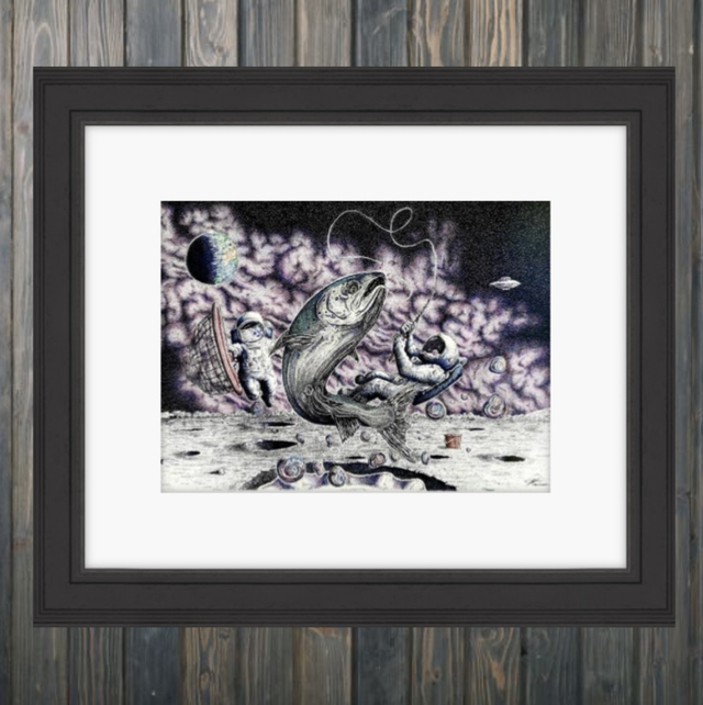 Color astronauts fishing on the moon