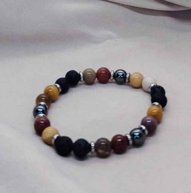 Bracelet homme 18cm en pierres naturelles (pierre de lave, jaspe mokaïte, hématite)