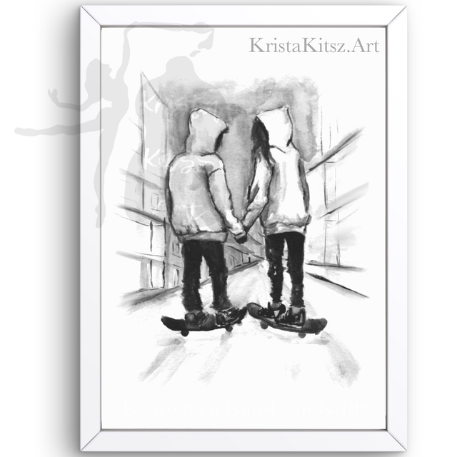 Skate stel samen in de stad, mooie zwart wit poster print van aquarel 