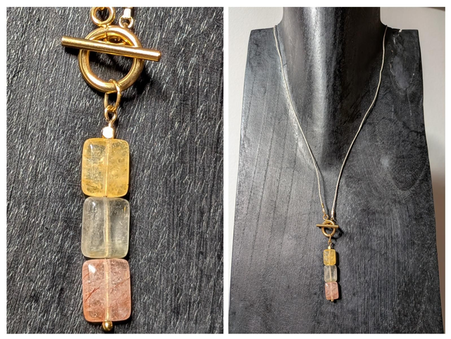 Collier agate, citrine, cristal de roche :pierres naturelles monté sur fil de lin réglable, avec chaîne d'extension, pièce unique 