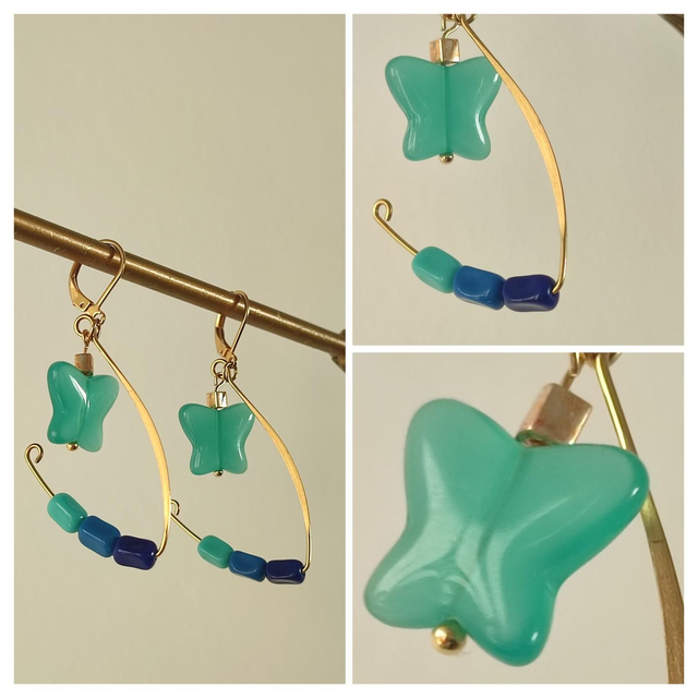 Z-Dormeuses papillon en verre turquoise et perles en verre dégradé de bleu -vert, acier inoxydable doré -sans  nickel, pièce unique 