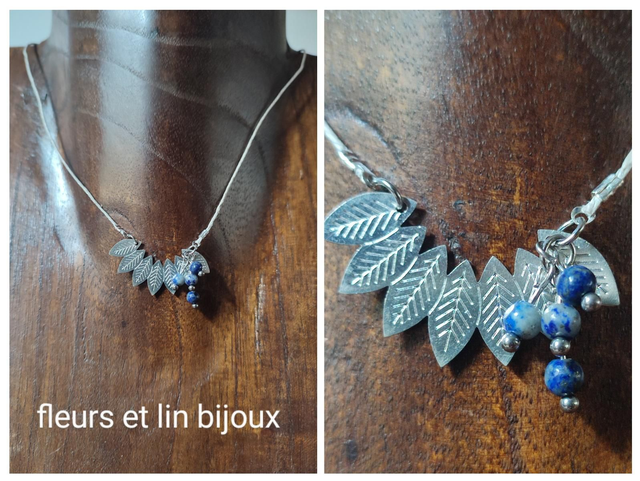 Collier feuille en argent et perles en lapis lazuli monté sur fil de lin avec chaîne d&#039;extension, pièce unique 