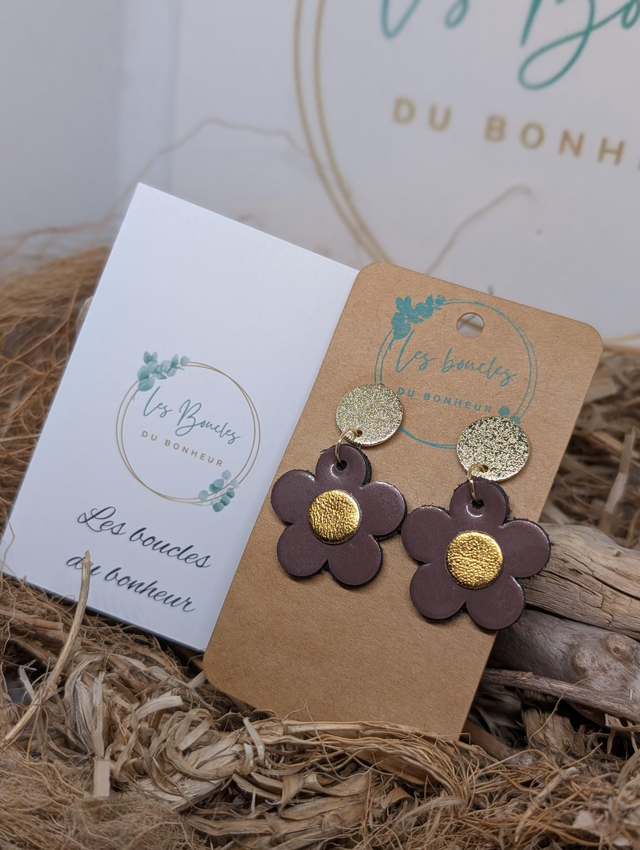 Boucles d'oreilles Marguerite marron vernis doré e035