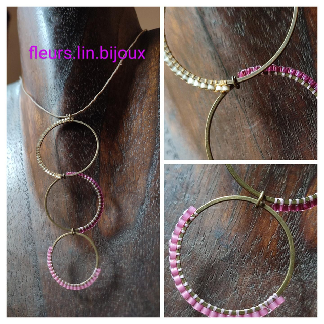 Collier tissé main en perles de verre miyuki rose et blanc, monté sur fil de lin réglable avec chaîne d&#039;extension 