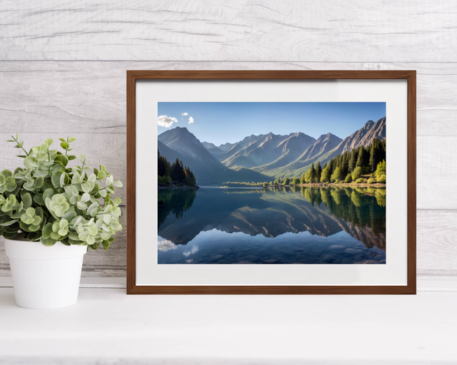 Photo encadrée zen montagne et lac – Tirage d’art qualité musée sous verre acrylique | Décoration murale naturelle et apaisante