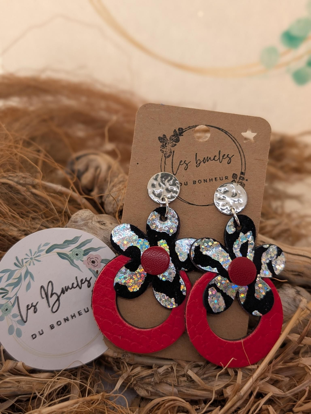 Boucles d'oreilles Baby Marguerite rouge zèbre argenté mo105