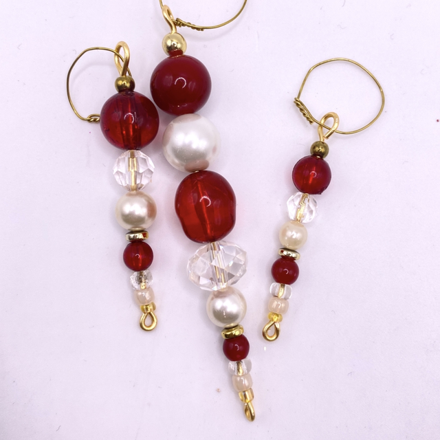 UPCYCLED Icicles x 3 Christmas Decoration Set Red, Clear, Cream and Gold tone vintage beads