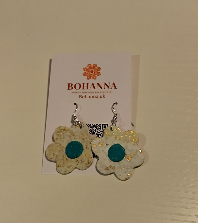 White & Teal Flower Earrings
