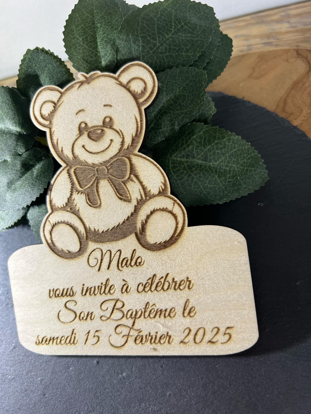 Faire-part Ours baptême naissance anniversaire en bois