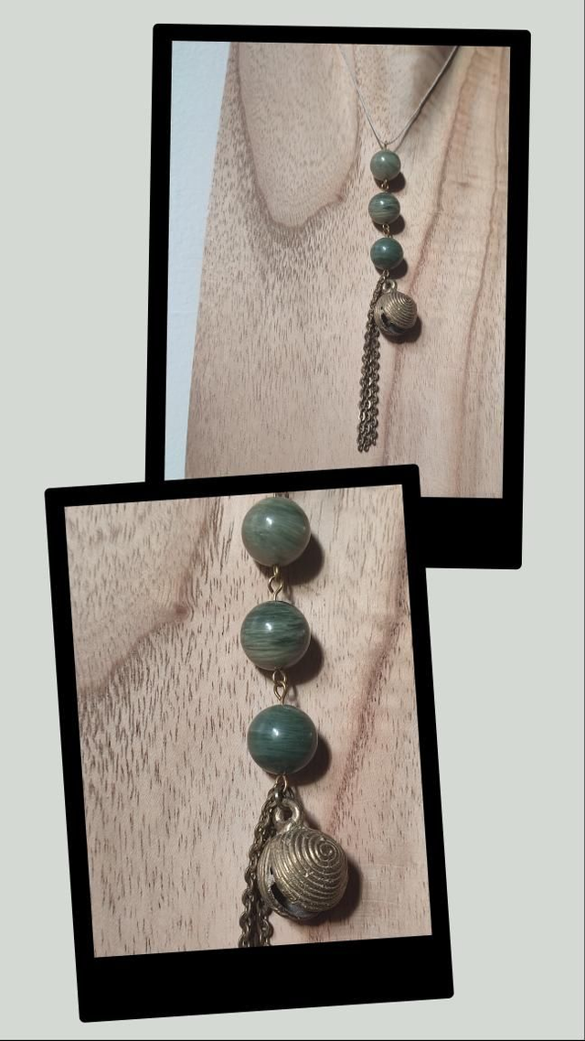 Sautoir agate verte et perle en laiton bronze monté sur fil de lin, pièce unique 