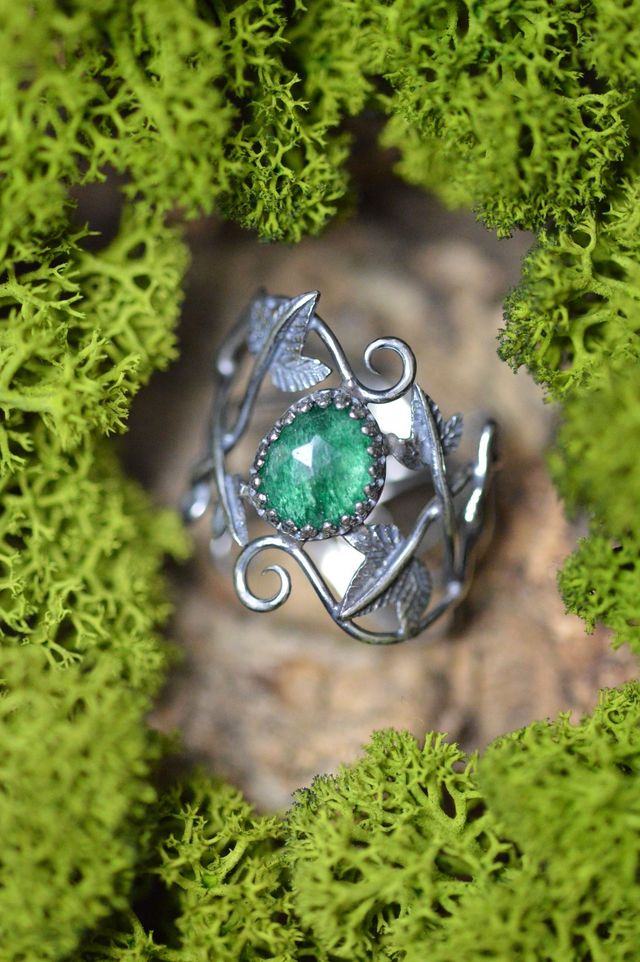 Bague Elfique - Aventurine T59 à 69, feuilles de lierre