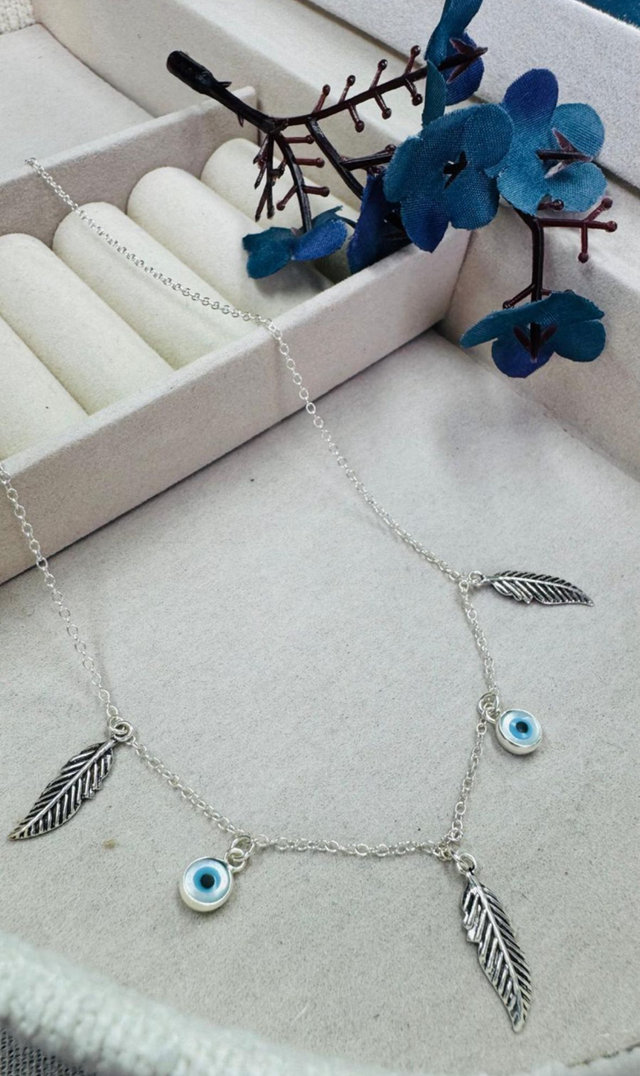 Choker Olho Grego e Penas 40cm – Prata 925