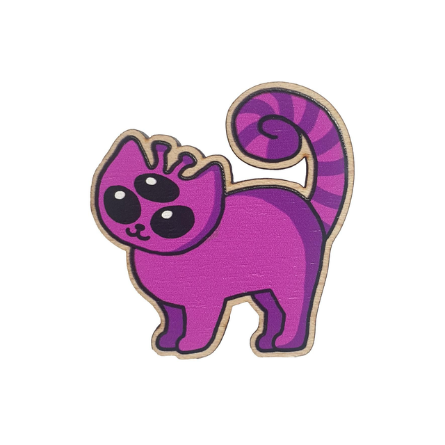Pink Alien Cat Wooden Pin Badge
