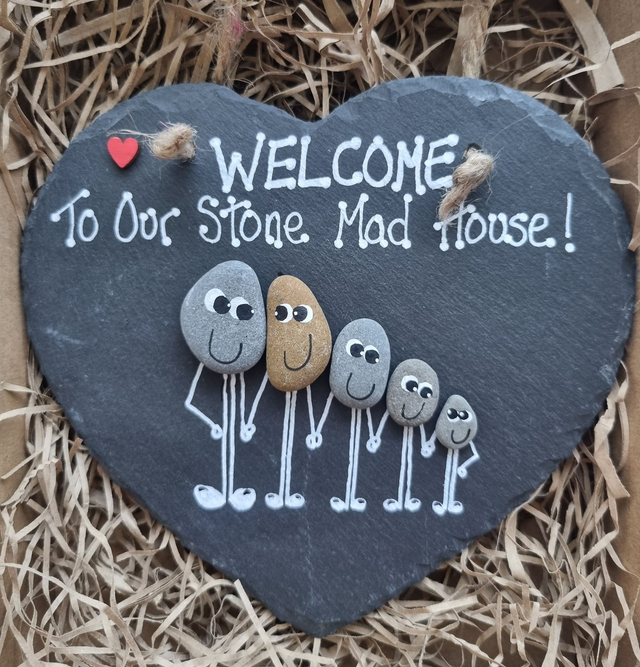 &#039;Welcome to our Stone Mad House&#039; Family of Five Pebble Art Slate
