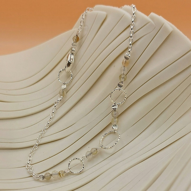 Sterling silver triple textured ring and rutilated quartz bead bracelet