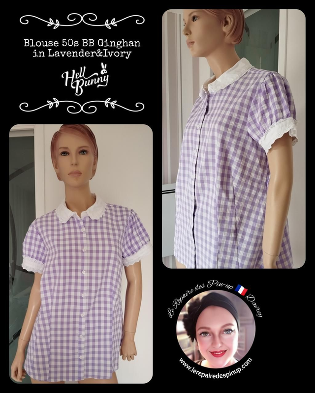 Blouse Hell Bunny BB Vichy Lavande et Ivoire 50's T46 ( Blouse Hell Bunny 50's BB Ginghan in Lavender&Ivory size 18 )