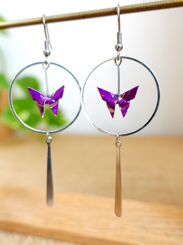 Origami Papillon / INOX / Papier japonais washi / Violet, argent / Créoles, anneaux /Bijou japonais origami / Boucles d'oreilles /