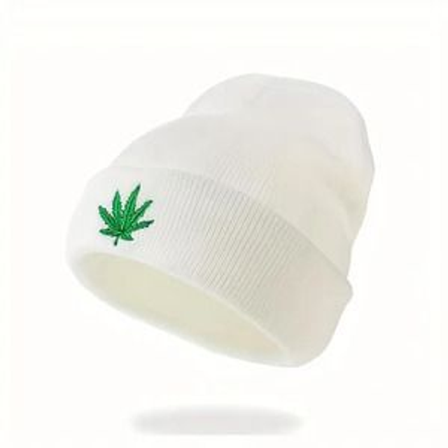 Bonnet Rasta Reggae feuille Cana CBD - Blanc - Broderie Verte - Unisexe - Confortable et Doux