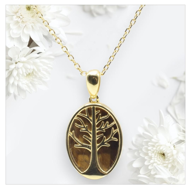 "Oeil de tigre" - Collier argent 925 arbre de vie 